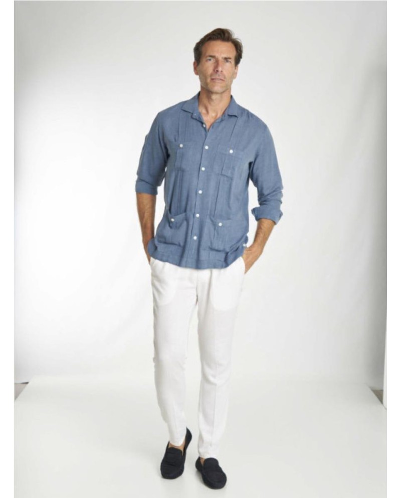 CAMISA SPAGNOLO CUBANA DE HOMBRE LINO AZUL
