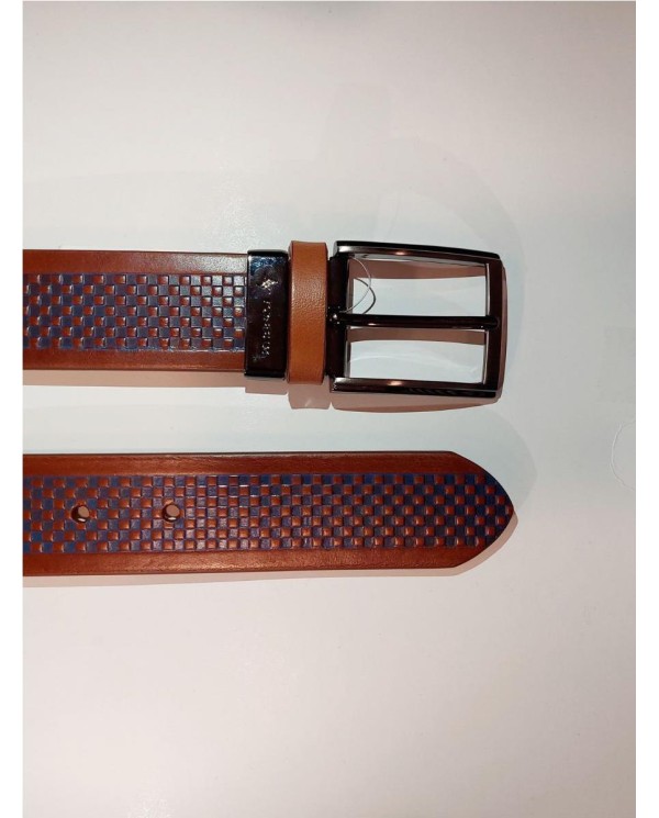 Cinturón Possum vaquetilla color brandy con grabado en cuadrillé azúl. BRANDY