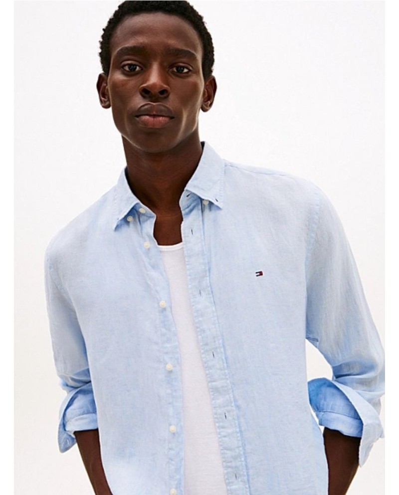Camisa de corte regular en lino AZUL Camisa de corte regular en lino AZUL